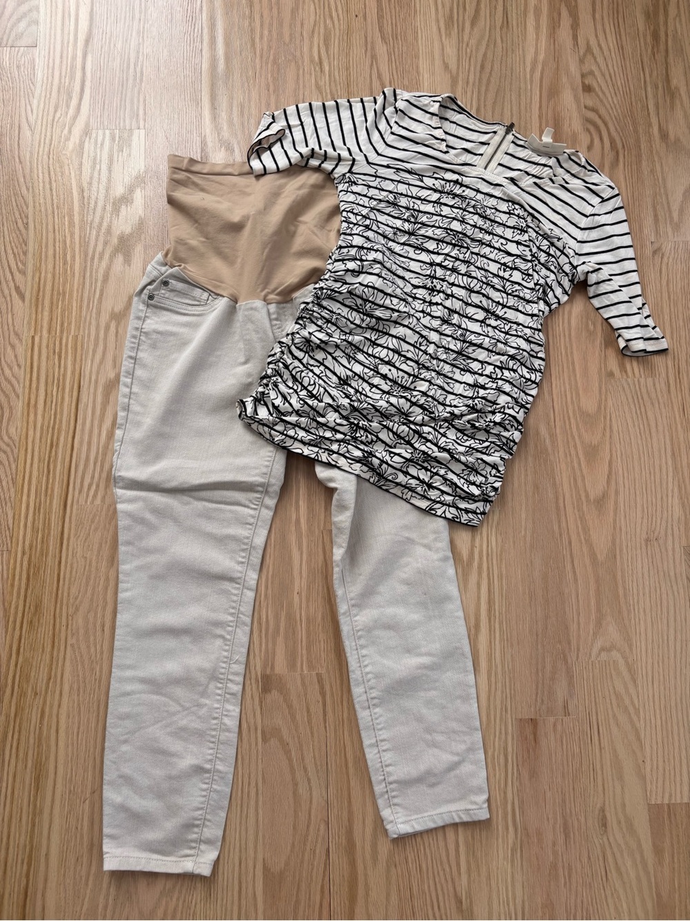 Motherhood Maternity Beige & Black Striped Maternity Top and Light Beige Pants